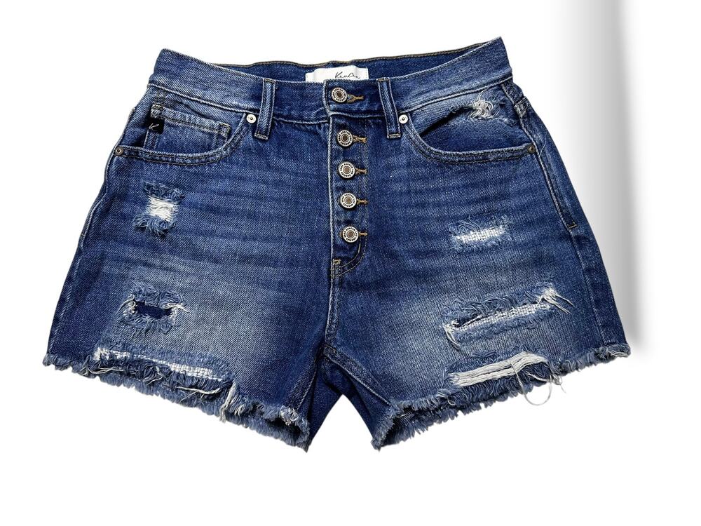 KanCan High Rise Raw Hem + Button Fly Distressed Denim Shorts Size 5/26